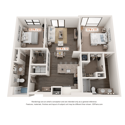 Floor plan for 2 beds, 2 baths, 1089 sqft